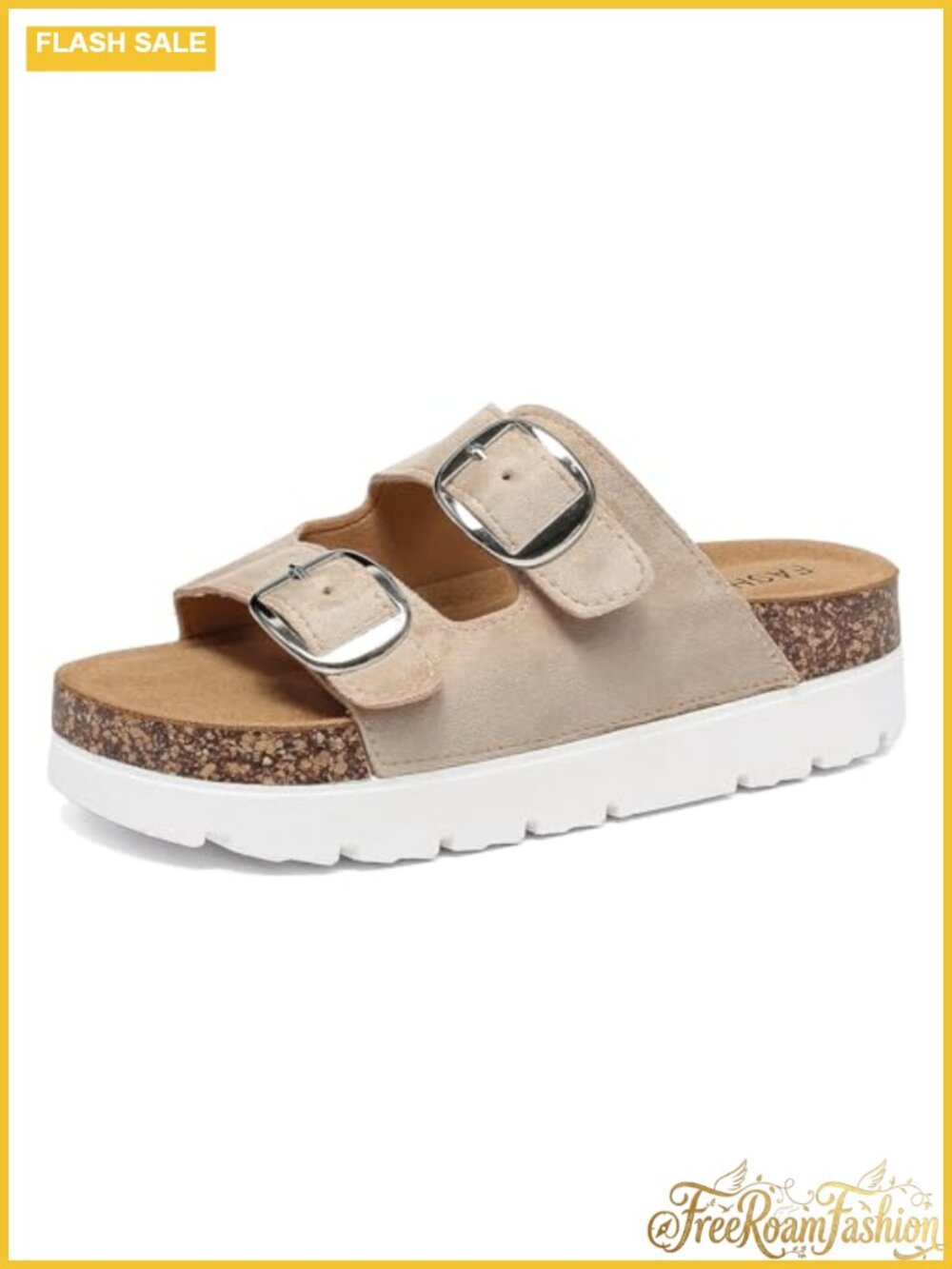 Women's Cork Footbed Platform Slides Sandals Double Buckle Comfort